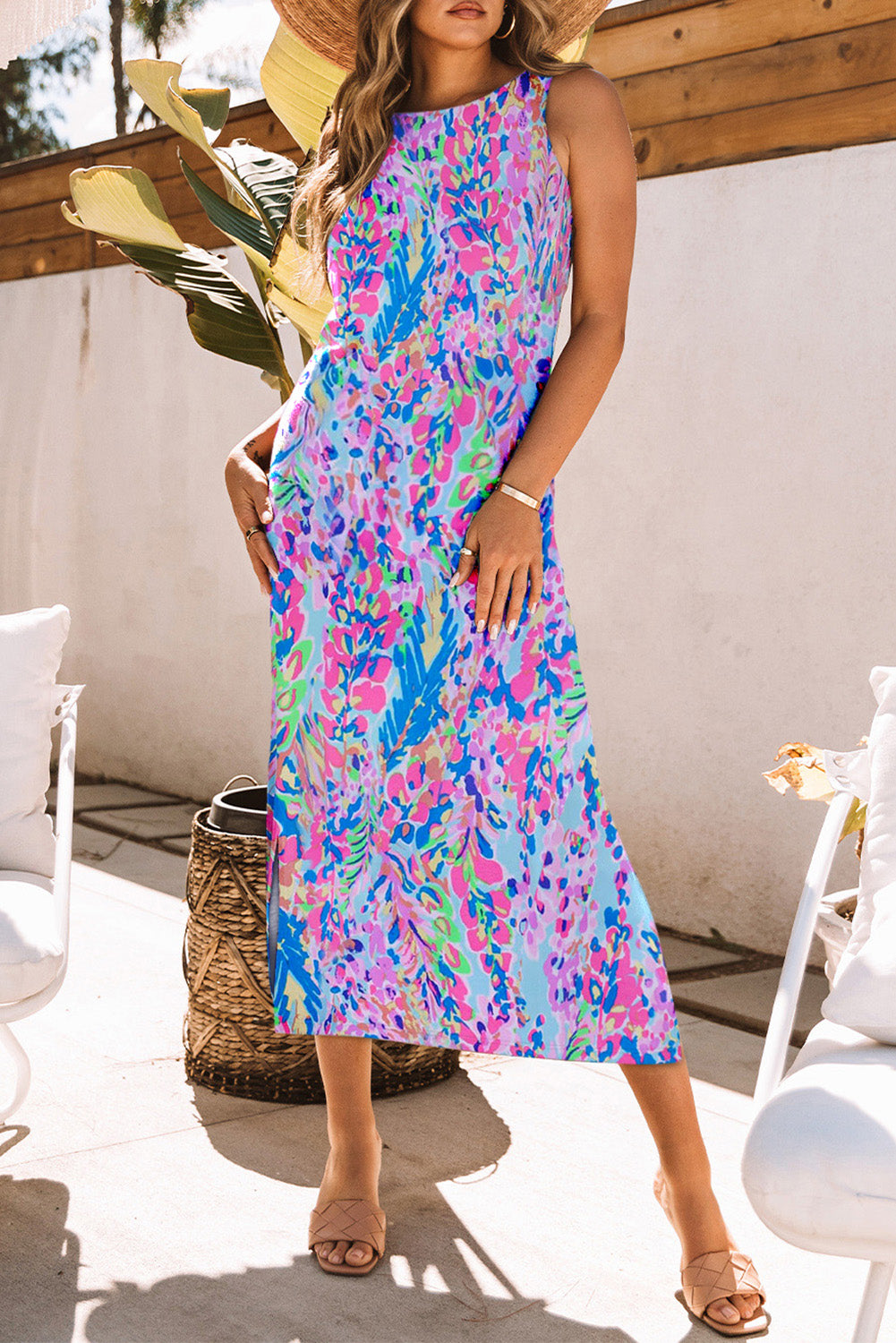 Abstract Floral Print Sleeveless Maxi Dress