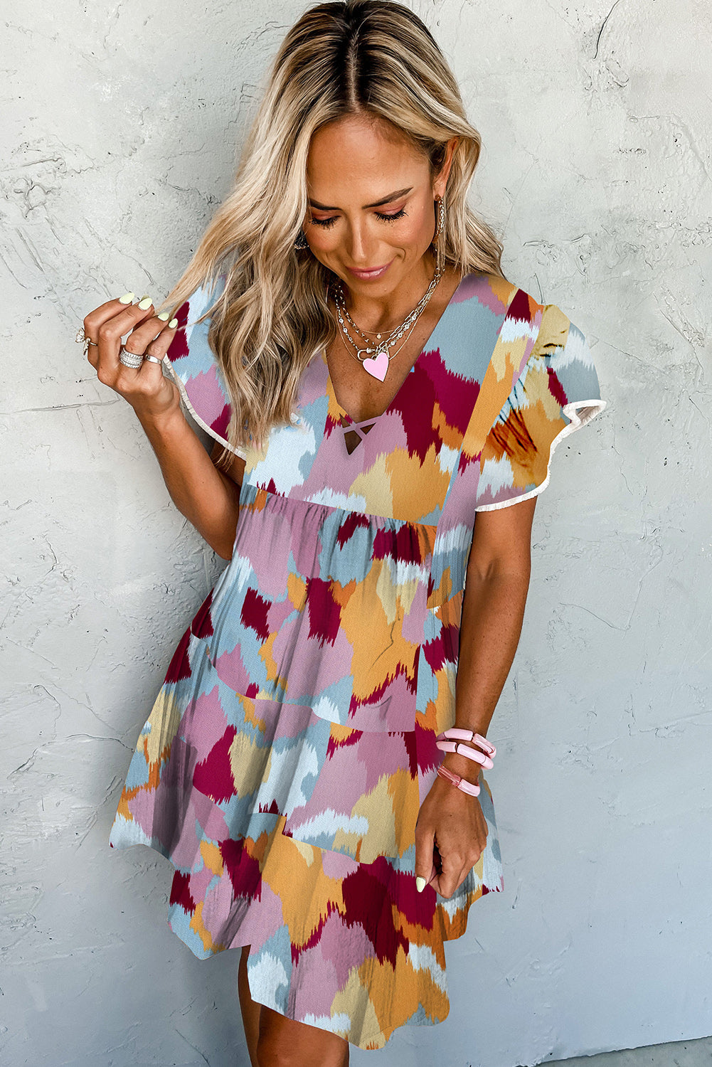 Printed Crisscross Decor V Neck Flutter Sleeve Dress