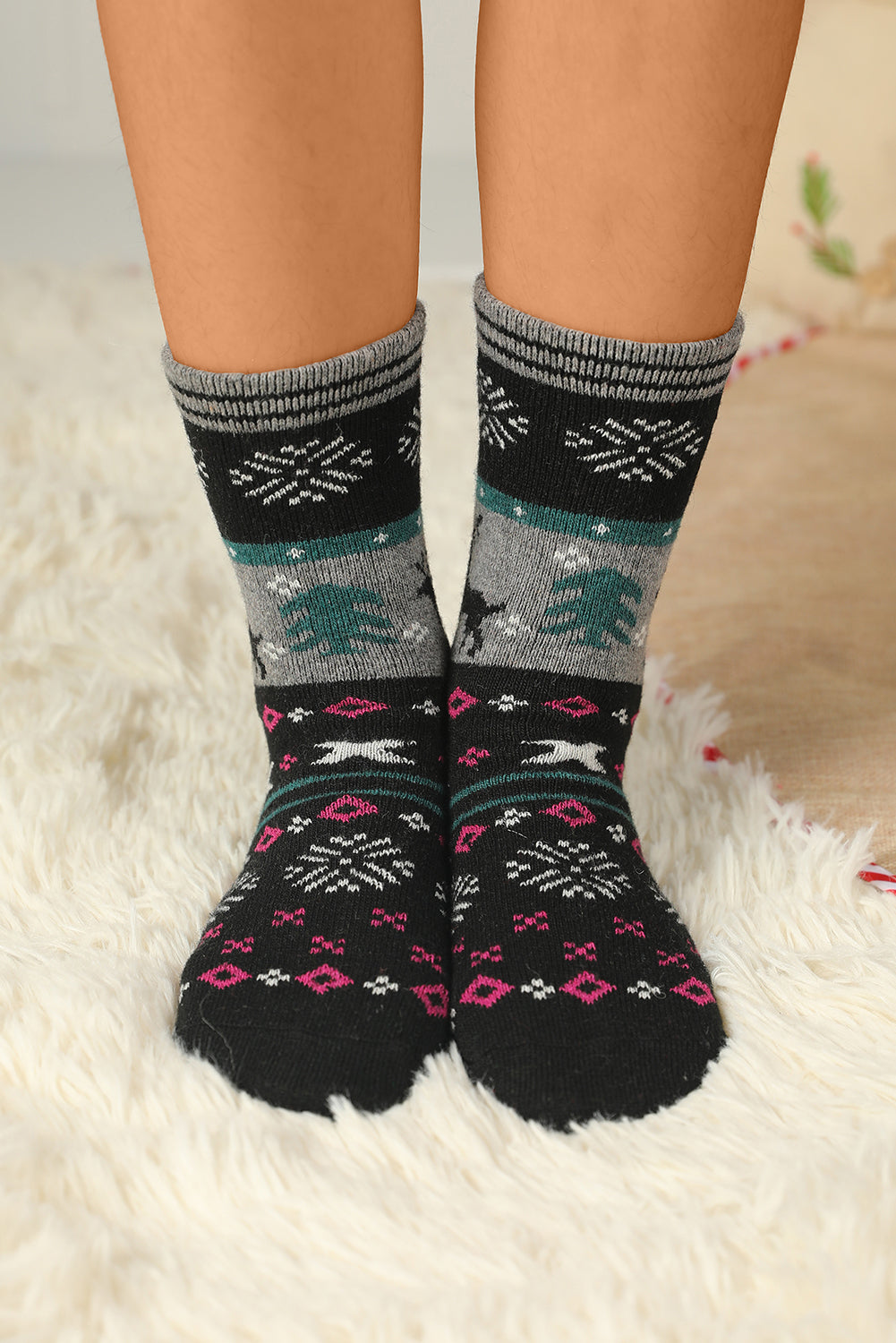 Multicolor 5 Pairs Christmas Reindeer Snowflake Pattern Socks