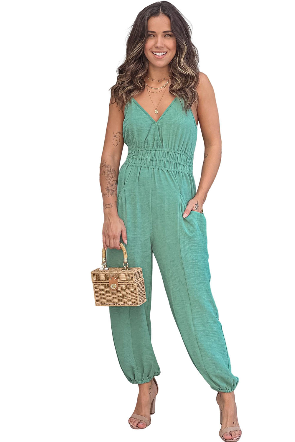 Shirred High Waist Sleeveless V Neck Jumpsuit