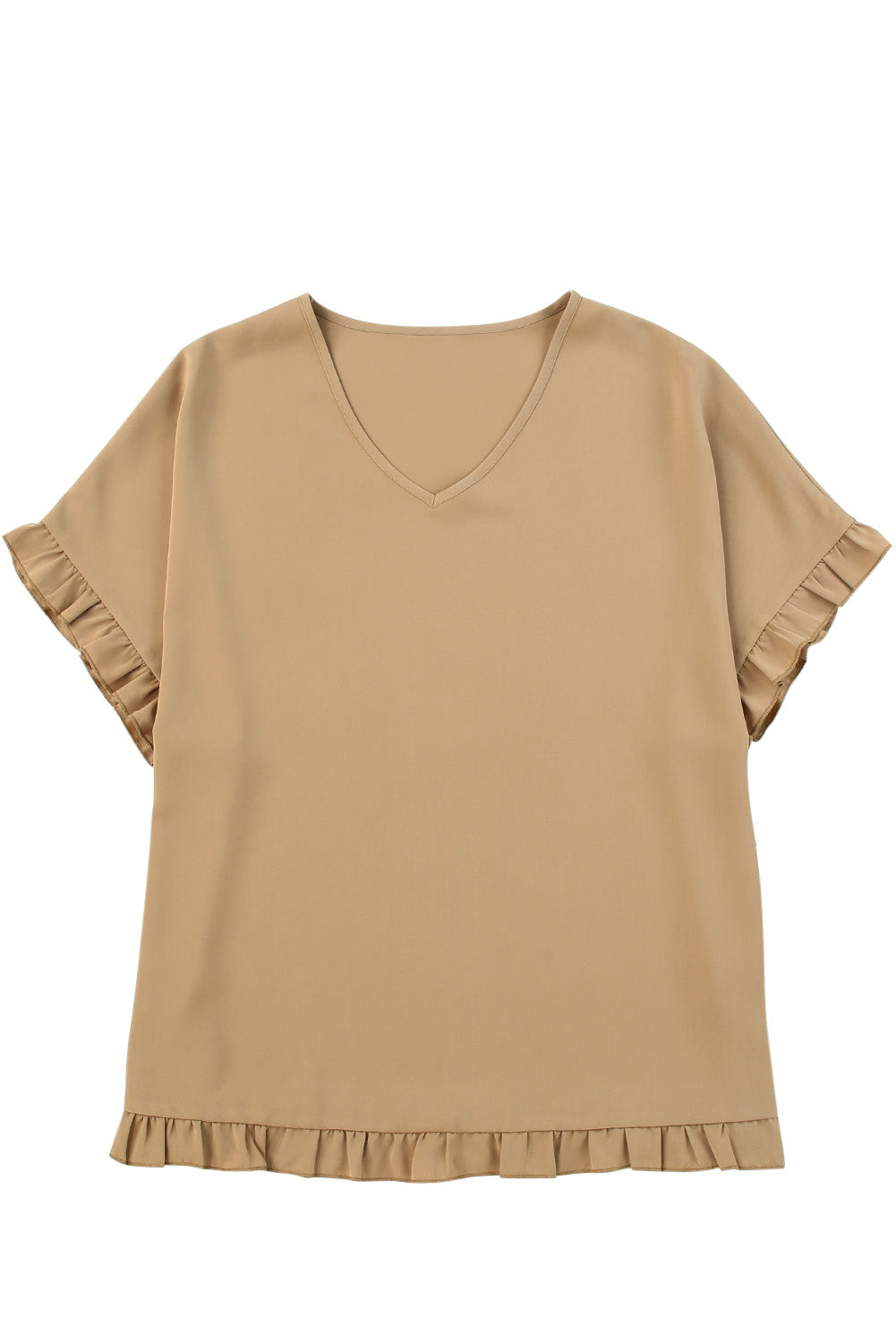 Khaki Ruffle Trim Short Sleeve Oversize Blouse