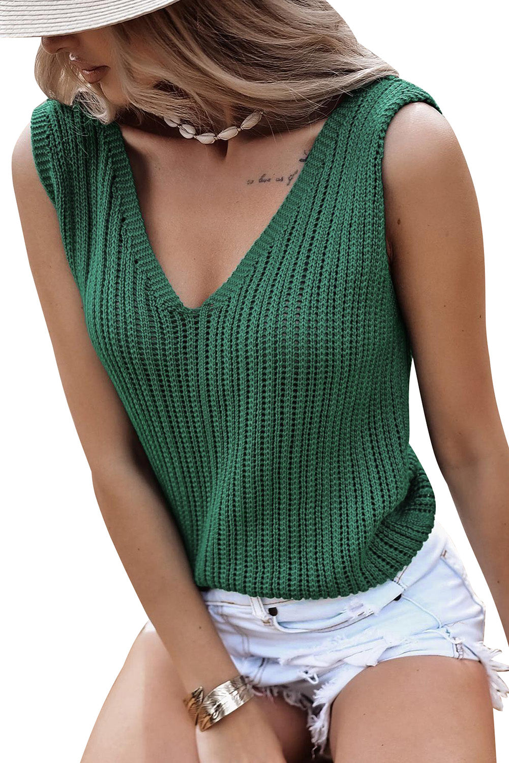 Hollowed Knit V Neck Tank Top