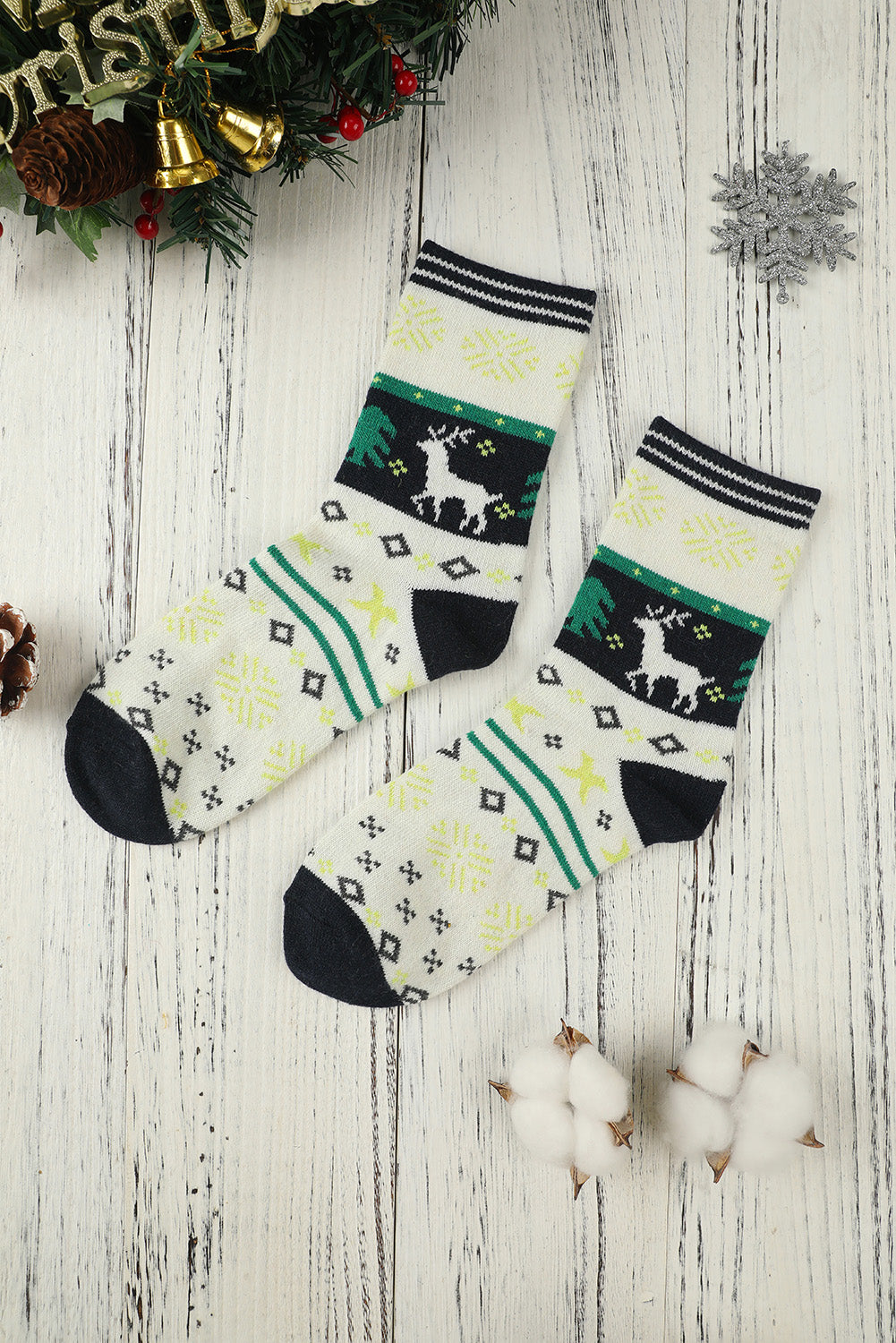 Multicolor 5 Pairs Christmas Reindeer Snowflake Pattern Socks